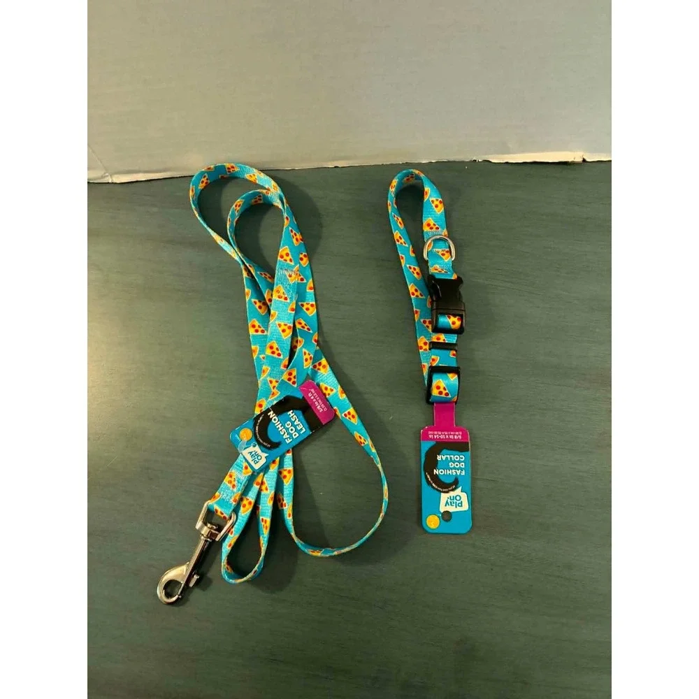 Play On Dog Collar Leash Set Small Blue NWT Pizza Print Accessory